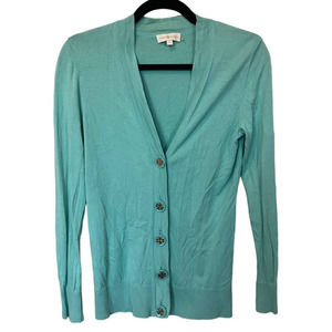 Tory Burch Cardigan Mint Green Long Sleeve Plunge VNeck Button Up Cotton Sweater